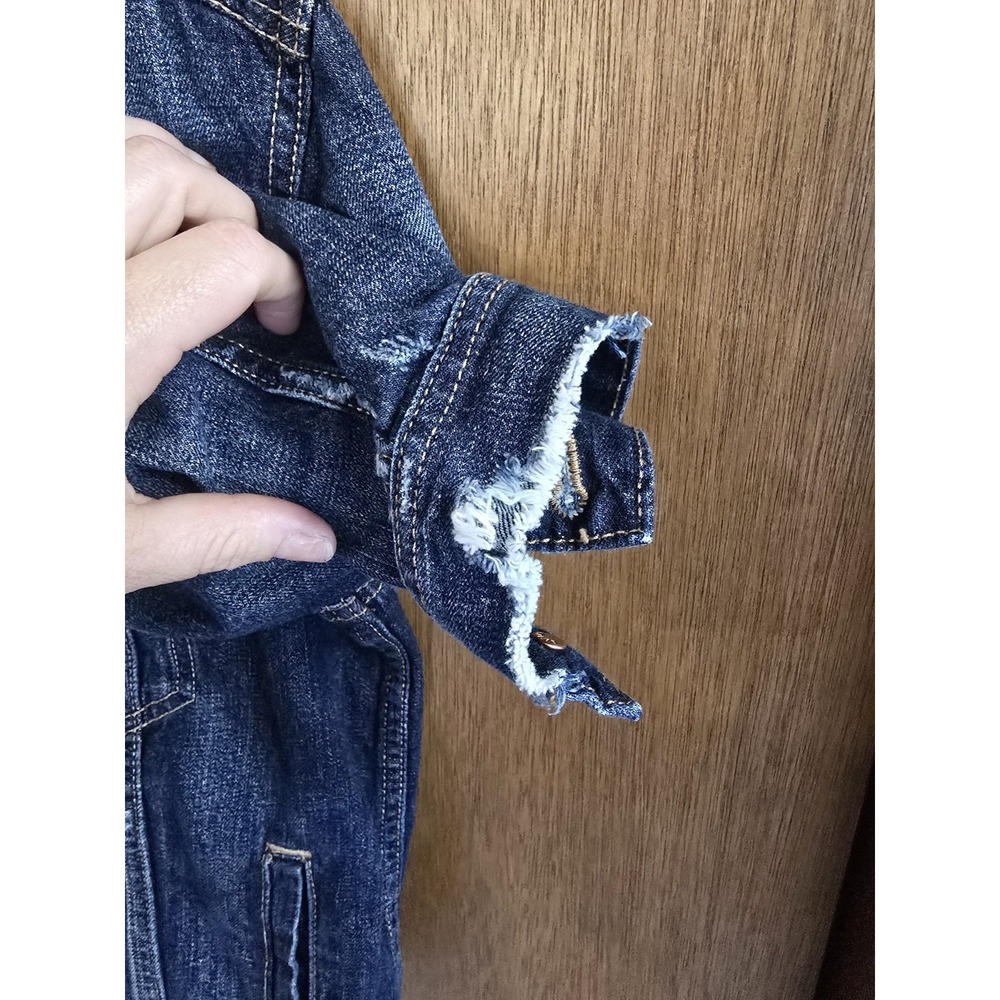 American Eagle Jacket Womens Medium Denim Distressed Dark Blue Trucker Jean LS - Picture 2 of 5